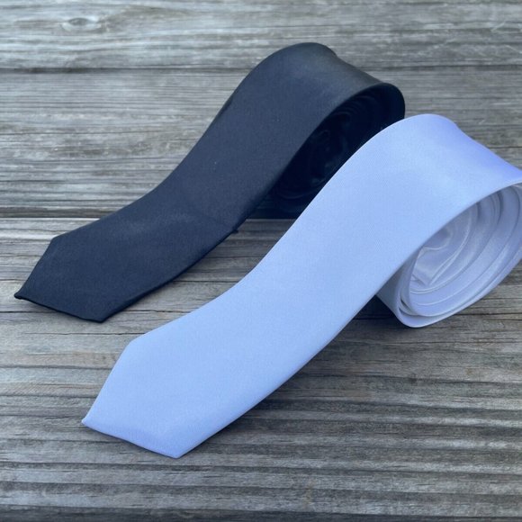 Lot of 2 Ties Black and White Slim Fit Necktie Skinny Fashion Ties - Picture 3 of 11
